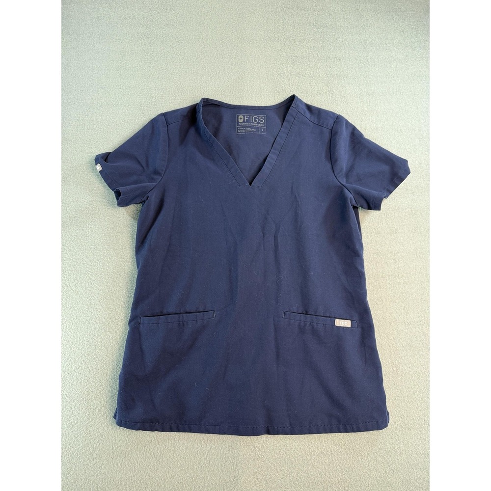 FIGS Technical Scrub Top Womens S Navy‎ Blue V Neck Short Sleeve Stretch Pockets